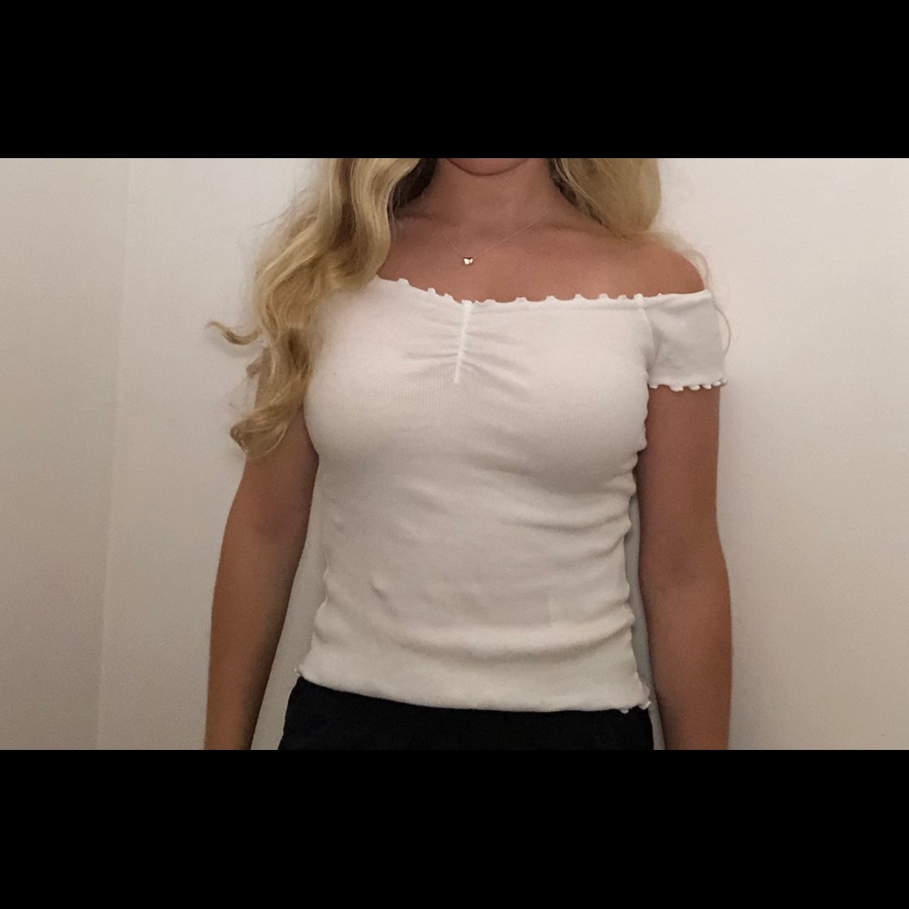 white ribbed off the shoulder top